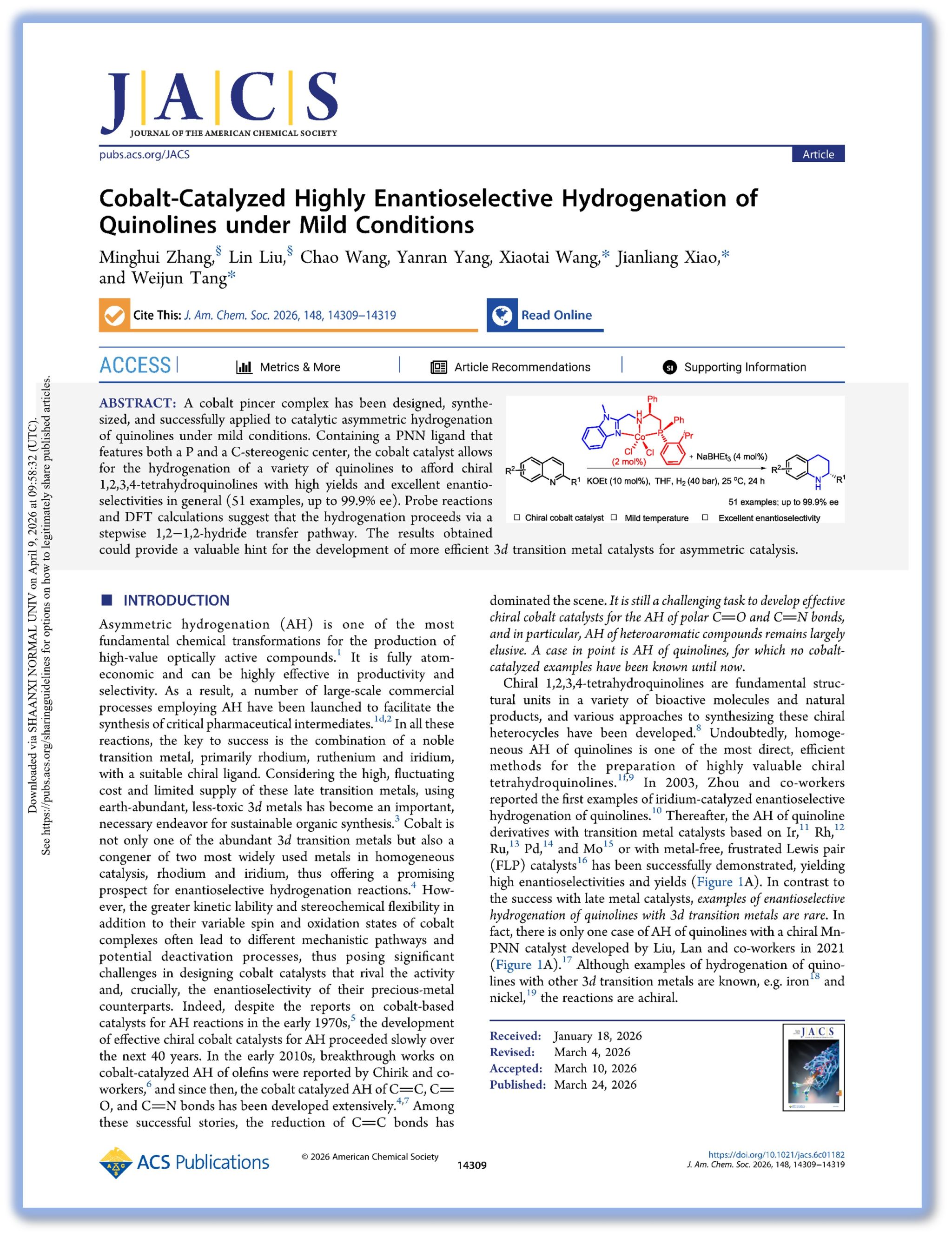 绿色催化与合成研究团队在J. Am. Chem. Soc.上发表研究成果（2026-3-24）