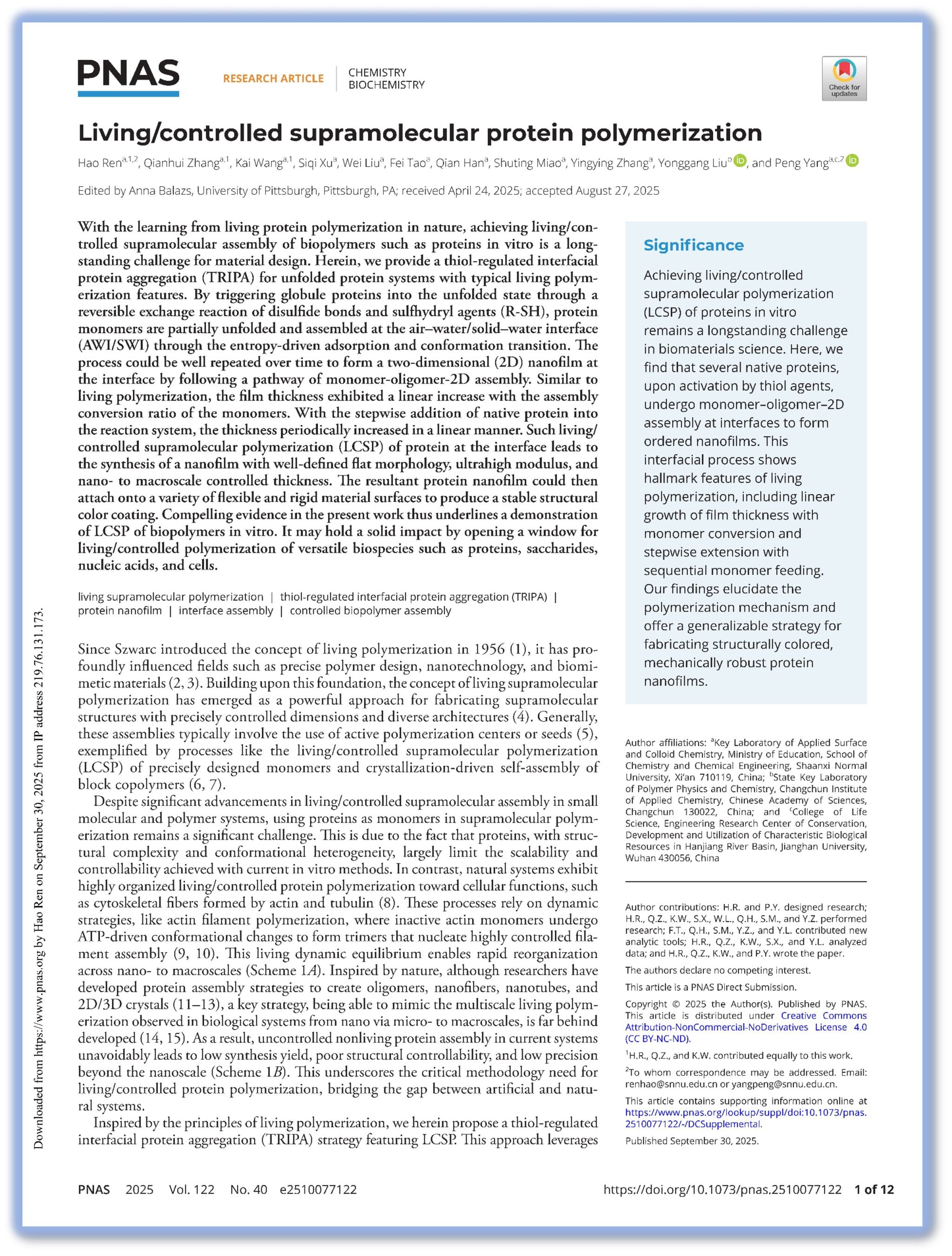 Living/controlled supramolecular protein polymerization